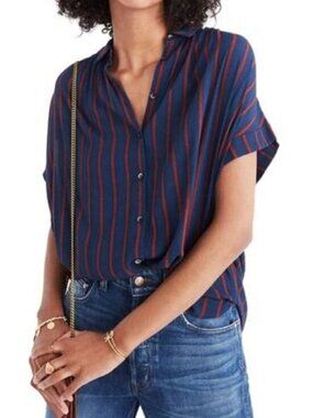 MADEWELL Short Dolman Sleeve Button Up Central Shirt - Navy/Burgundy - Size M